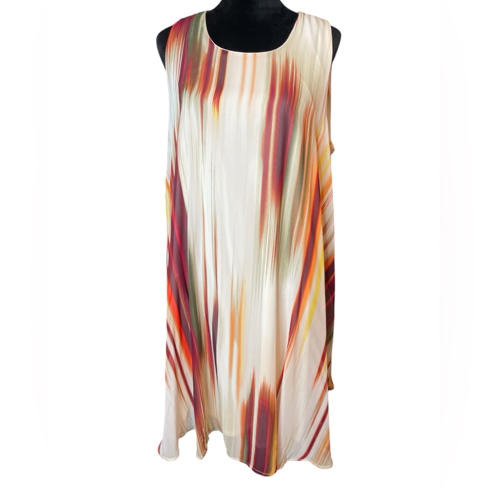 Cato Elegant Multicolor Sheer Overlay Sleeveless Cream, Red, Orange MIDI Dress